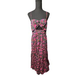 FORE Floral Cutout Maxi Dress Pink Red Green Ring Detail Smocked Back‎ Large